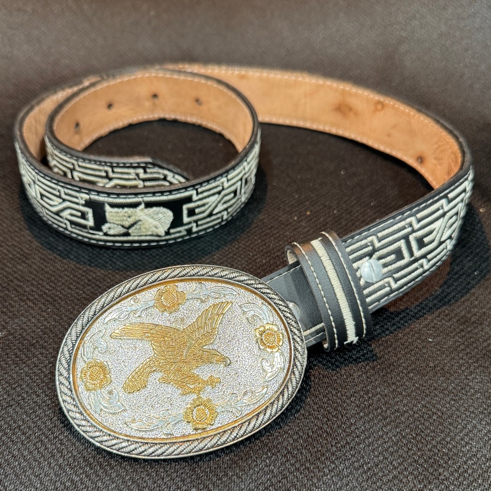 IVAN Black and White Embroidered Belt with Gold Eagle Buckle